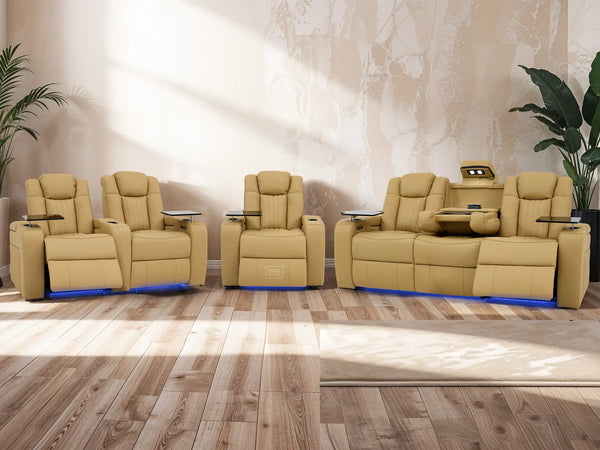 Real Leather 3+2+1 Electric Recliner Sofa Set in Tan | 3-Piece Hi-Tech Cinema Sofa Set with USB Charging, Cup Holders, Storage, LED Lights & Massage | Capri | The Sofa Shop