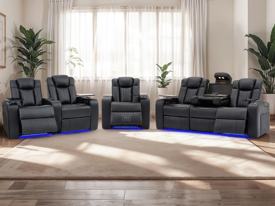 Real Leather 3+2+1 Power Reclining Sofa Set in Black | 3-Piece Cinema Sofa Suite with Console, Power Sockets, Cup Holders, Table & Massage | Capri