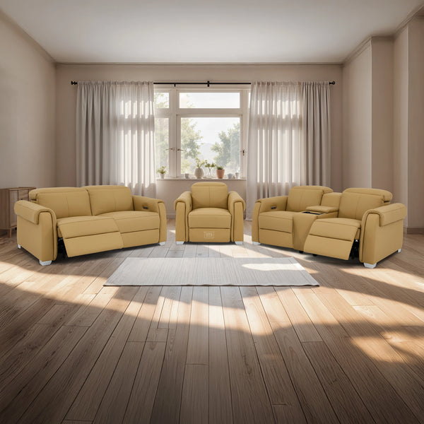 3+2+1 Electric Recliner Couch Set | 3 Piece Reclining Lounge Suite in Tan Real Leather with Massage, Console, Wireless Charging, USB Ports & Power Headrests | Turin | The Sofa Shop
