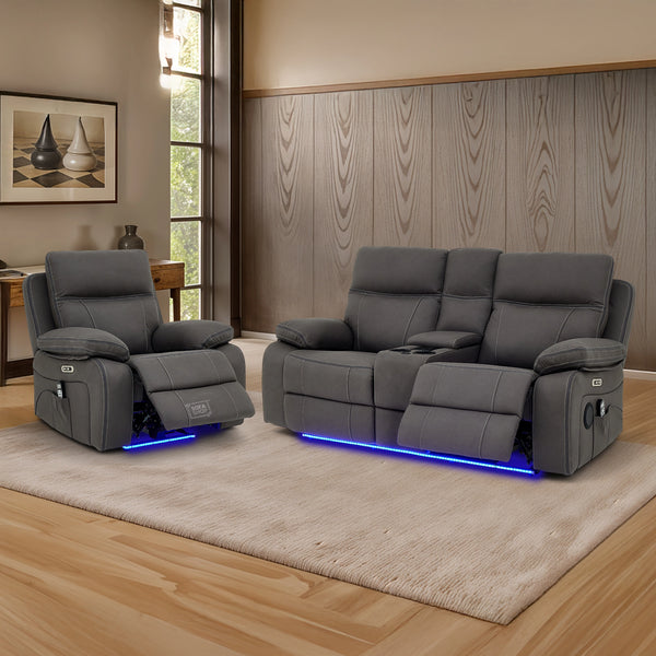 2+1 Electric Recliner Sofa Set Inc Chair In Grey Resilience Fabric | Hi- Tech Sofa Set With Massage, USB Ports, Console & Wireless Charger - 2 Piece Cinema Sofa Set | Vinsonova