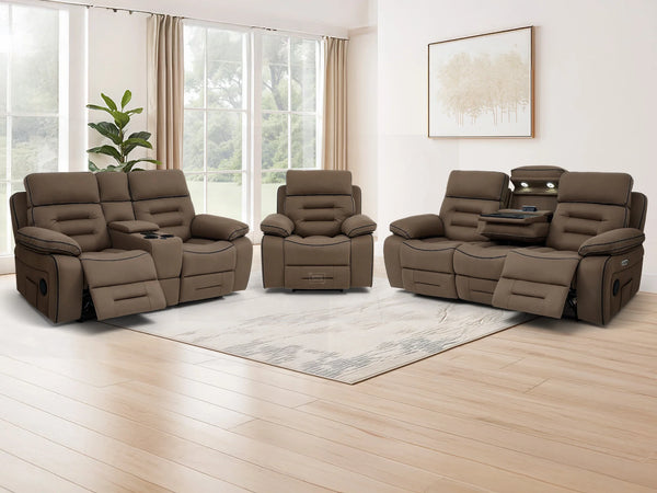 3+2+1 Piece Electric Home Cinema Sofa Set | Fabric Couch Suite Package In Brown | Hi-Tech Sofa Set with Cupholders + Console + Power + Massage + Speakers | Tuscany