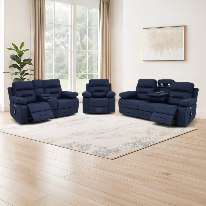 3+2+1 Electric Recliner Sofa Set in Blue Resillience Fabric | Hi-Tech Cinema Suite with Massage, Drop-Down Table, Power Headrest, Power Recliner, Storage Drawer, USB Port | Sicily