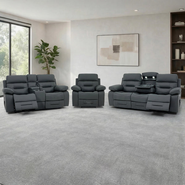 3+2+1 Electric Recliner Sofa Set in Grey Real Leather | Hi-Tech Cinema Suite with Massage, Drop-Down Table, Power Headrest, Power Recliner, Cooling Cup Holders, Storage Drawer, USB Ports | Sicily | The Sofa Shop