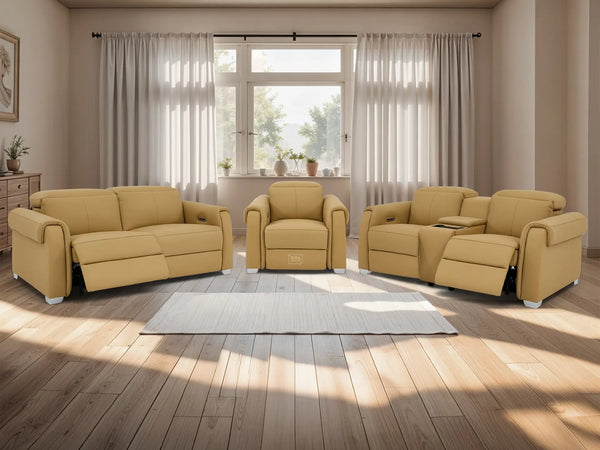 3+2+1 Electric Recliner Couch Set | 3 Piece Reclining Lounge Suite in Tan Real Leather with Massage, Console, Wireless Charging, USB Ports & Power Headrests | Turin | The Sofa Shop