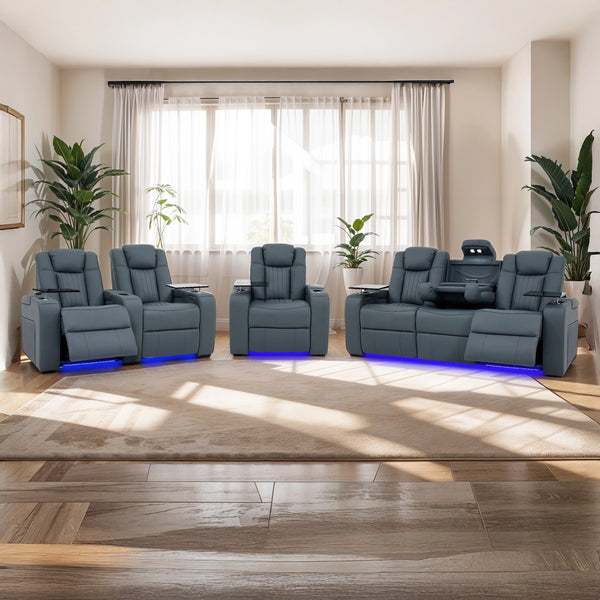 3+2+1 Real Leather Electric Recliner Sofa Set In Blue | Cinema Sofa Suite with Power Headrest, Drop-Down Table, Heating, Wireless Charging, Massage, USB Ports & LED Cup Holders | Capri