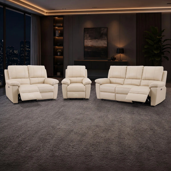 3+2+1 Electric Recliner Sofa Set in Cream Real Leather | Hi-Tech Leather Suite with Power Recline + Drop-Down Table + Cup Holders + USB-C Charging + Wall-Hugging Design | Trento | The Sofa Shop