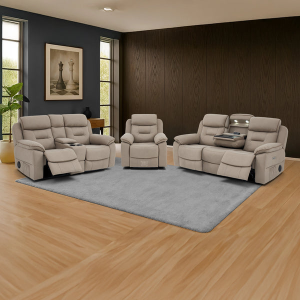 3+2+1 Piece Electric Home Cinema Sofa Set | Fabric Couch Suite Package In Beige | Hi-Tech Sofa Set with Power Sockets + Massage + Heating + Chilled Cup Holders + Speakers | Florence