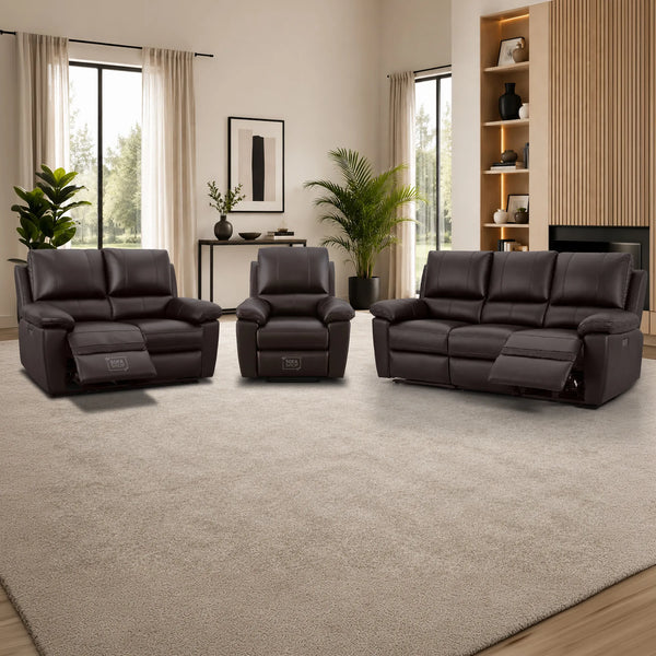 3+2+1 Electric Recliner Sofa Set in Dark Brown Real Leather | Hi-Tech Leather Suite with Power Recline + Drop-Down Table + Cup Holders + USB-C Charging + Wall-Hugging Design | Trento | The Sofa Shop