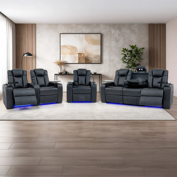 Real Leather 3+2+1 Power Reclining Sofa Set in Black | 3-Piece Cinema Sofa Suite with Console, Power Sockets, Cup Holders, Table & Massage | Capri
