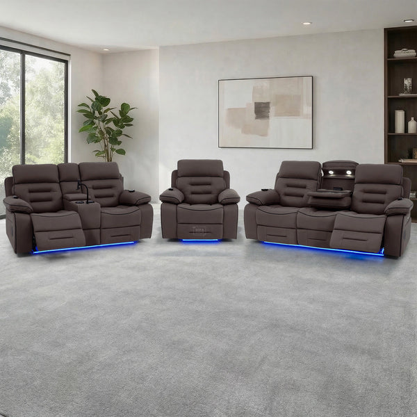 3+2+1 Electric Recliner Cinema Sofa Set in Dark Brown Fabric | Hi-Tech Sofa Suite with Massage, Heat, Bluetooth Speakers, Console & Wireless Charging | Tuscany | The Sofa Shop