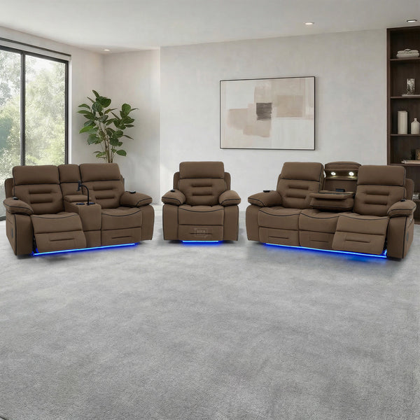 3+2+1 Mocha Brown Fabric Electric Recliner Cinema Sofa Set | 8-Point Massage, Heated Lumbar, Multi-Link Bluetooth, Cooler Cupholders & Wireless Charging | Tuscany | The Sofa Shop