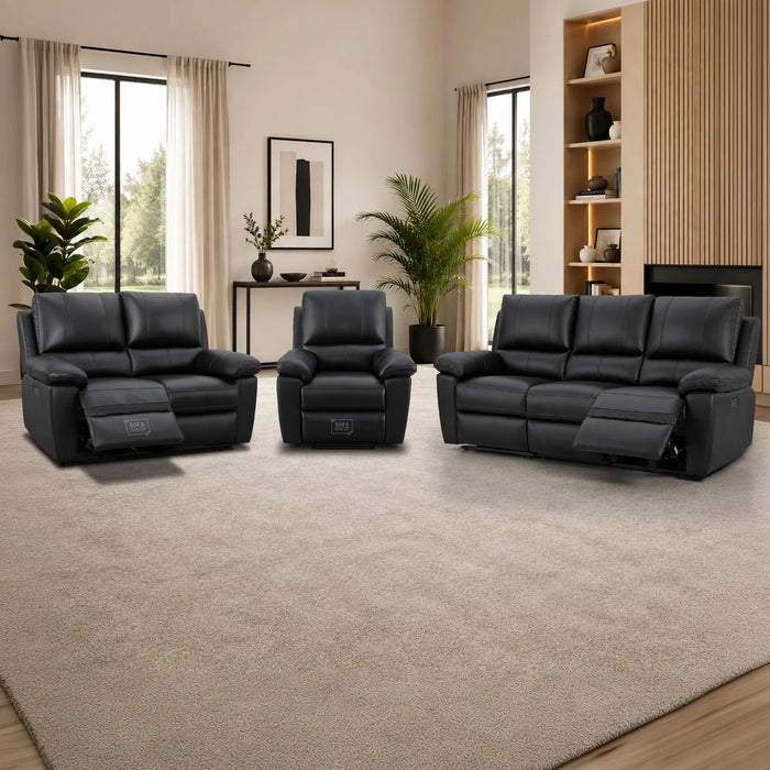 3+2+1 Electric Recliner Sofa Set in Black Real Leather | Hi-Tech Leather Suite with Power Recline + Drop-Down Table + Cup Holders + USB-C Charging + Wall-Hugging Design | Trento | The Sofa Shop