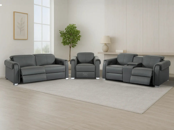 3+2+1 Electric Recliner Couch Set | 3 Piece Reclining Lounge Suite in Grey Real Leather with Massage, Console, Wireless Charging, USB Ports & Power Headrests | Turin | The Sofa Shop