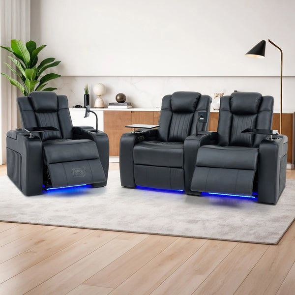 Real Leather 2+1 Electric Recliner Cinema Sofa Set in Black | 2 Piece Sofa Set with Massage, USB Ports, Cup Holders, Storage Boxes & Wireless Charger | Capri | The Sofa Shop