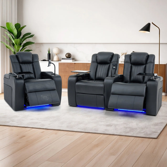 Real Leather 2+1 Electric Recliner Cinema Sofa Set in Black | 2 Piece Sofa Set with Massage, USB Ports, Cup Holders, Storage Boxes & Wireless Charger | Capri | The Sofa Shop