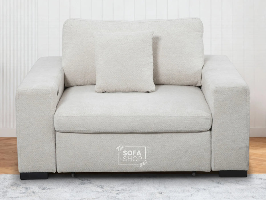 Extendable Electric Sofa Bed Chair in Cream Chenille Fabric | 1 Seat Power Sliding Sofa Bed Perfect for Home Cinema & Theatre Room | USBc + Extra Cushions - Palma