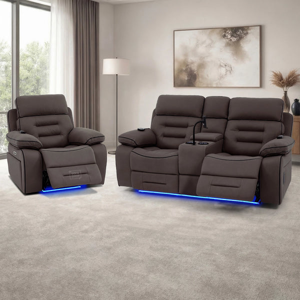 2+1 Dark Brown Fabric Electric Recliner Cinema Sofa Set | Hi-Tech Sofa Suite with Massage, Heating, Bluetooth Speakers, Fold-Down Table & Side Storage | Tuscany | The Sofa Shop