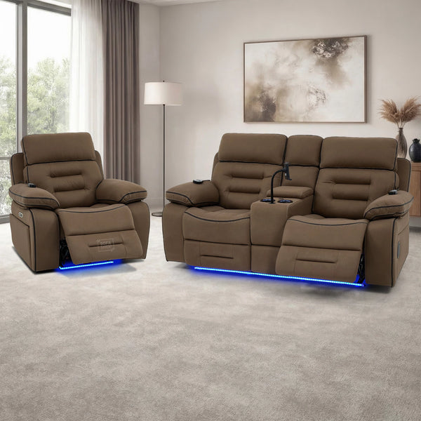 2+1 Mocha Brown Fabric Electric Recliner Cinema Sofa Set | Hi-Tech Sofa Suite with Vibration Massage, Heating, Bluetooth Speakers, Fold-Down Table & Side Storage | Tuscany | The Sofa Shop