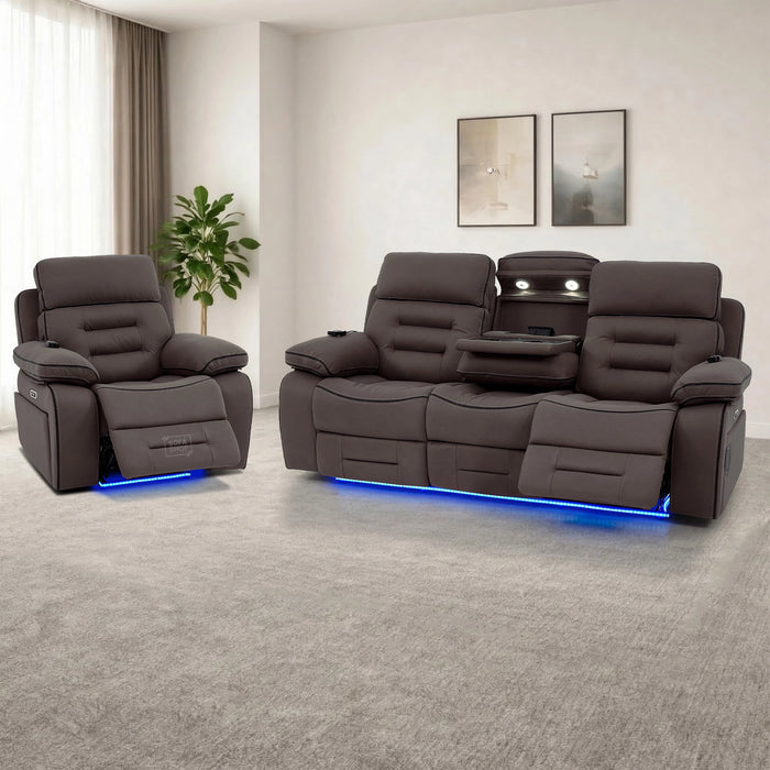3+1 Dark Brown Fabric Electric Recliner Cinema Sofa Set with Massage, Heat, Bluetooth Speakers, Fold-Down Table & Wireless Charging | Tuscany | The Sofa Shop