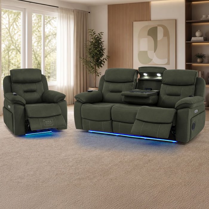 3+1 Green Fabric Electric Recliner Cinema | 2 Piece Sofa Set With Vibration Massage, Heated Lumbar, Wireless Charging & Bluetooth Speakers | Florence | The Sofa Shop