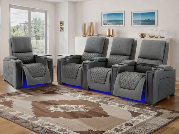 Real Leather 3+1 Home Theatre Sofa Suite In Grey | 2 Piece Reclining Cinema Sofa Package With Power Lumbar, LED & Cooling Cup Holders | Assisi