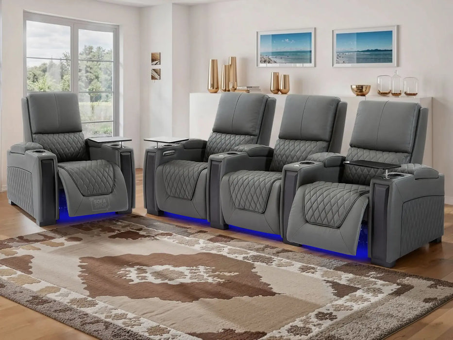 Real Leather 3+1 Home Theatre Sofa Suite In Grey | 2 Piece Reclining Cinema Sofa Package With Power Lumbar, LED & Cooling Cup Holders | Assisi