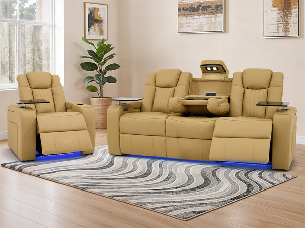 3+1 Leather Recliner Sofa Package with USB Charging, Cup Holders, LED Lights & Massage | Tan Leather | Capri | Sofa Shop