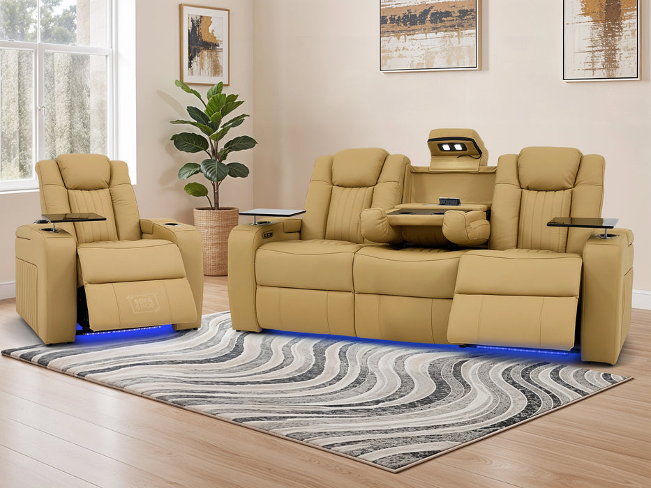 3+1 Leather Recliner Sofa Package with USB Charging, Cup Holders, LED Lights & Massage | Tan Leather | Capri | Sofa Shop