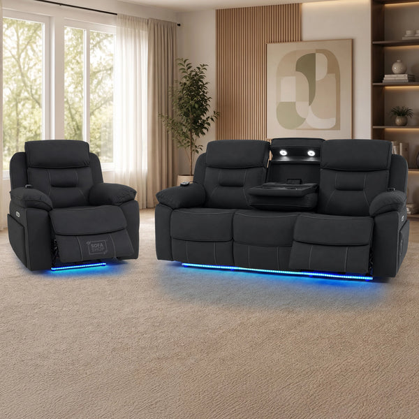 3+1 Charcoal Grey Fabric Electric Recliner Cinema | 2 Piece Sofa Set With Massage, Heated Lumbar, Wireless Charging & Bluetooth Speakers | Florence | The Sofa Shop