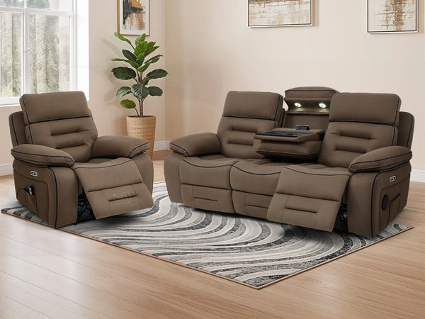 3+1 Cinema-Style Sofa Set | 2 Piece Electric Reclining Sofa Package in Brown Fabric | Hi-Tech Sofa Set with Massage, Cup Holders & Storage | Tuscany