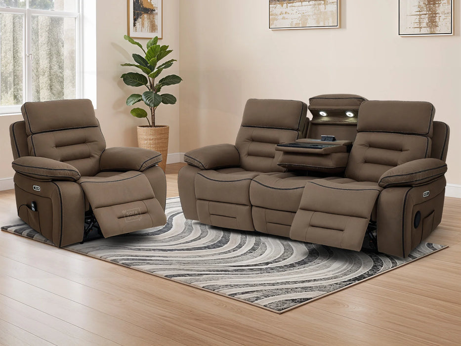 3+1 Cinema-Style Sofa Set | 2 Piece Electric Reclining Sofa Package in Brown Fabric | Hi-Tech Sofa Set with Massage, Cup Holders & Storage | Tuscany