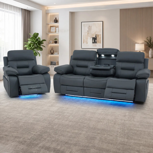 3+1 Electric Recliner Sofa Suite in Grey Real Leather | Hi-Tech Cinema Set with Power Recline, Power Headrests, Bluetooth Speaker, Storage Drawer  | Sicily | The Sofa Shop