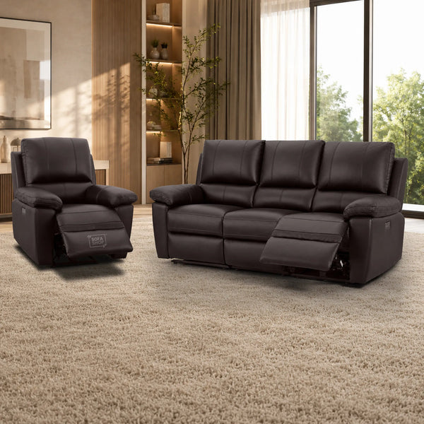 3+1 Electric Recliner Sofa Set In Dark Brown Real Leather | Recliner Sofa Suite With Power Recline + Drop-Down Table + Cup Holders + USB-C Charging | Trento | The Sofa Shop
