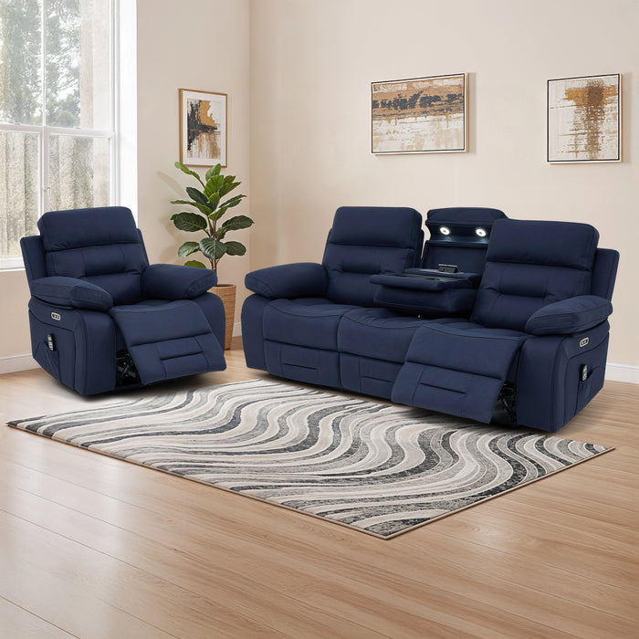 3+1 Electric Recliner Sofa Suite in Blue Resillience Fabric | Hi-Tech Cinema Set with Massage, Drop-Down Table, Power Headrest, Power Recliner, Storage Drawer, USB & Wireless Charging | Sicily