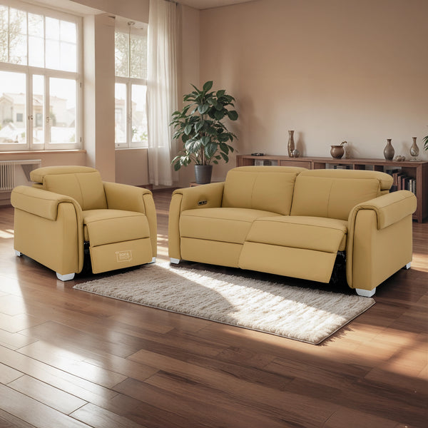 3+1 Real Leather Recliner Electric Sofa Set in Tan | Hi-Tech Sofa Set with Massage, USB Ports & Power Headrests | Turin