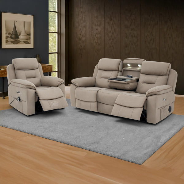 3+1 Piece Electric Home Cinema Sofa Set | Fabric Couch Suite Package In Beige | Hi-Tech Sofa Set with Massage, Heating, Cup Holders & Wireless Charger | Florence
