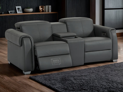 2 Seat Electric Recliner Home Cinema Theatre Sofa | Genuine Leather Couch in Grey + Cupholders + Console + Wireless Charger + USB | Turin | The Sofa Shop