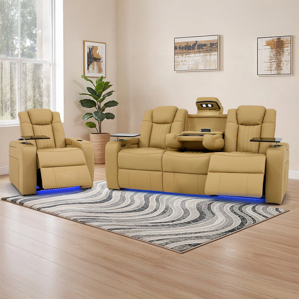 3+1 Real Leather Recliner Cinema Sofa Package in Tan | USB Charging, Heating, Cup Holders, LED Lights & Massage | Capri