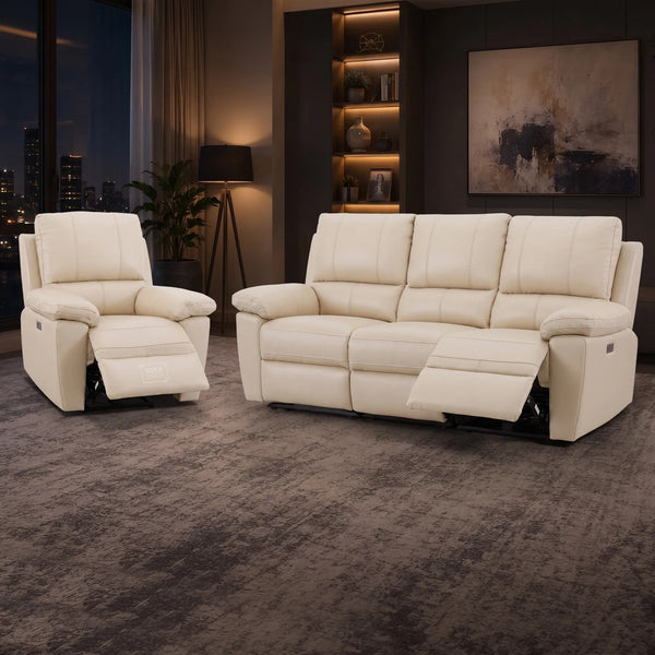 3+1 Electric Recliner Sofa Set In Cream Real Leather | Recliner Sofa Suite With Power Recline + Drop-Down Table + Cup Holders + USB-C Charging | Trento | The Sofa Shop