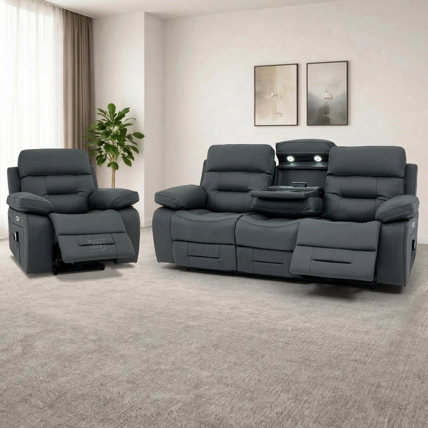 3+1 Electric Recliner Sofa Suite in Grey Real Leather | Hi-Tech Cinema Set with Massage, Power Lumbar Support, Cooling Cupholders & Tray Tables  | Sicily | The Sofa Shop