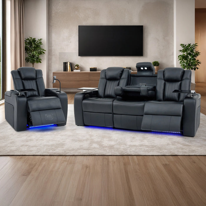 Real Leather 3+1 Electric Recliner Cinema Sofa Set In Black | Cinema Sofa Seats Package with Massage, Wireless Charging, Heating, USB Ports & Storage | Capri