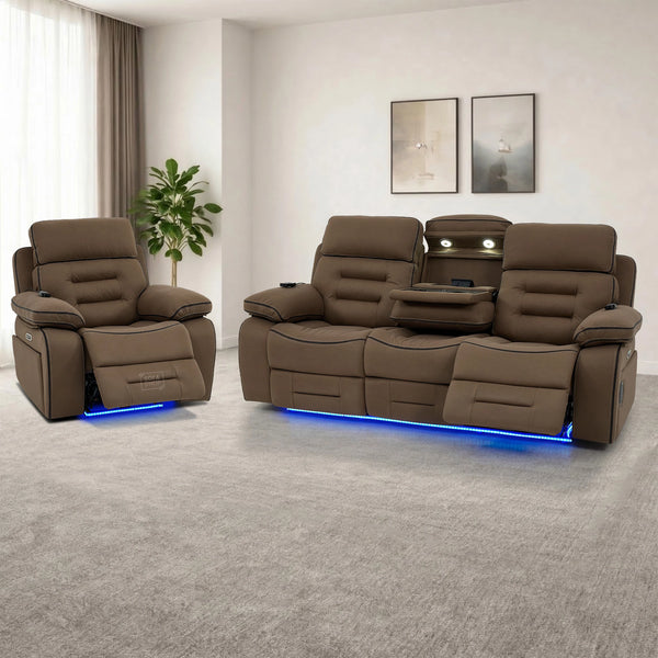 3+1 Electric Recliner Cinema Sofa Set in Mocha Brown Fabric | Hi-Tech Sofa Suite with Massage, Heat, Bluetooth Speakers, Wireless Charging & Cooling Cupholders | Tuscany | The Sofa Shop