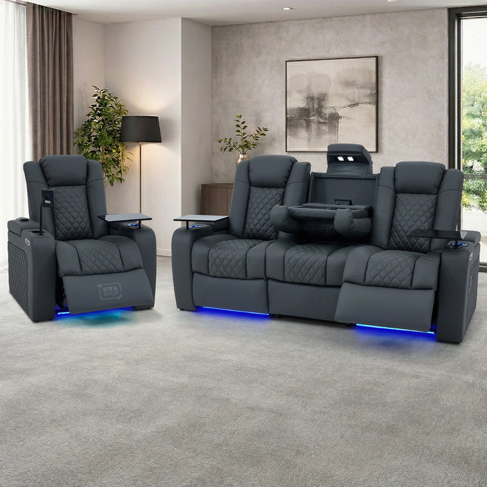 Real Leather 3+1 Sofa Set in Grey | Hi-Tech 2-Piece Sofa Suite with Power Recline, Power Headrests, Wireless Charging, Heat & Cool Cupholders | Milano | The Sofa Shop