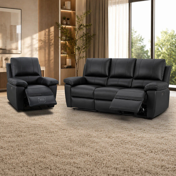 3+1 Electric Recliner Sofa Set In Black Real Leather | Recliner Sofa Suite With Power Recline + Drop-Down Table + Cup Holders + USB-C Charging | Trento | The Sofa Shop