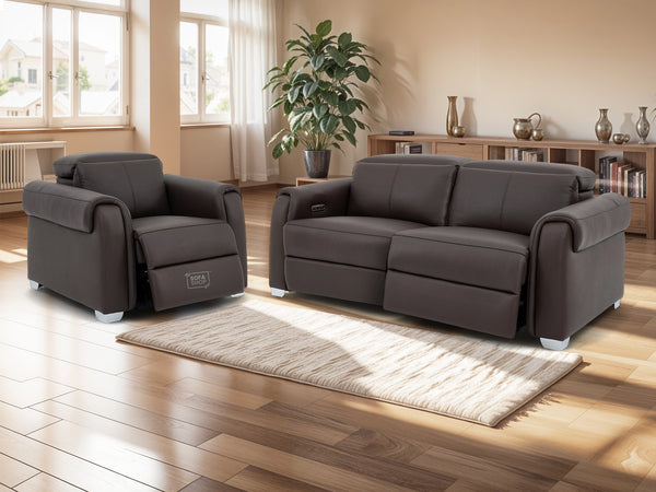 3+1 Real Leather Recliner Electric Sofa Set in Brown | Hi-Tech Sofa Set with Massage, USB Ports & Power Headrests | Turin