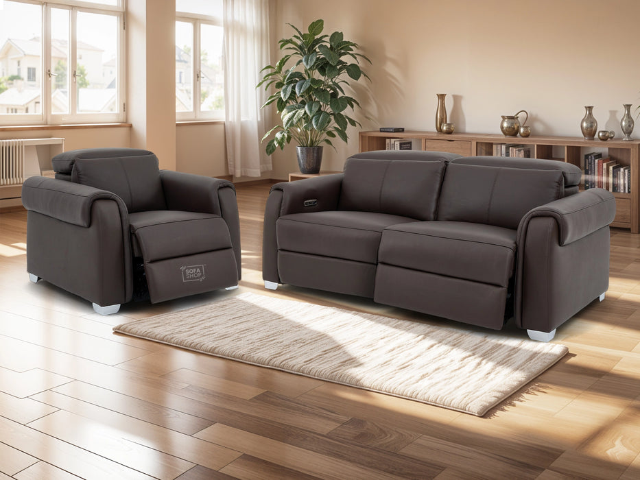 3+1 Real Leather Recliner Electric Sofa Set in Brown | Hi-Tech Sofa Set with Massage, USB Ports & Power Headrests | Turin