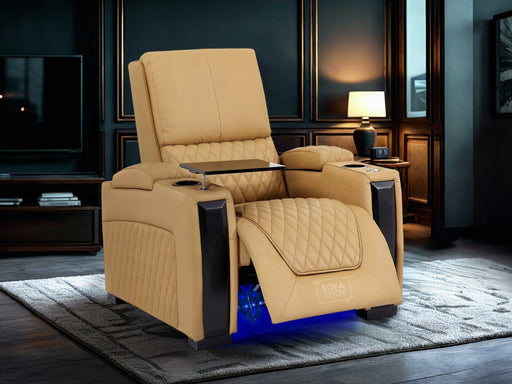 Electric Recliner Cinema Chair | Power Seat in Tan Genuine Leather with LED, Chilling Cup Holders & USB Charging Ports | Assisi | The Sofa Shop