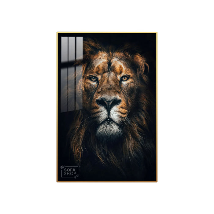 Majestic Lion LED Canvas 100 x 150 cm Vertical | Hyperrealistic Lion Head Portrait With Adjustable LED Backlighting + Crystal-Porcelain Finish + Gold Or Black Frame | The Sofa Shop
