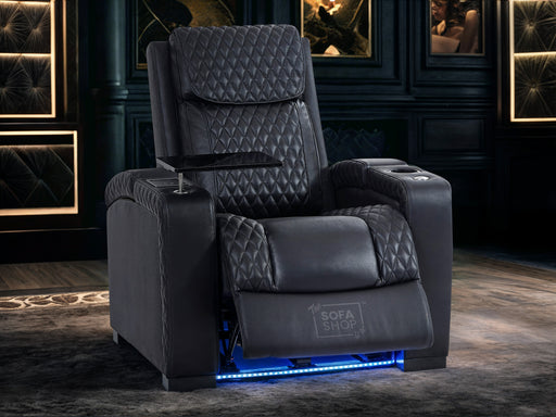 1 Seat Electric Recliner Chair Home Cinema Sofa | Genuine Leather Chair in Black + Power Headrest + Lumbar Support + Heat & Chill Cupholder + Table | Torino | The Sofa Shop