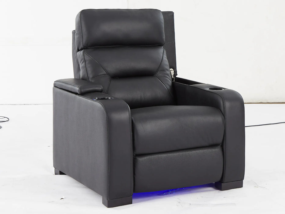 1 Seat Electric Recliner Chair Home Cinema Sofa | Real Leather Chair in Black with Power Headrest + LED Cup Holders + Storage - Trapani - 25